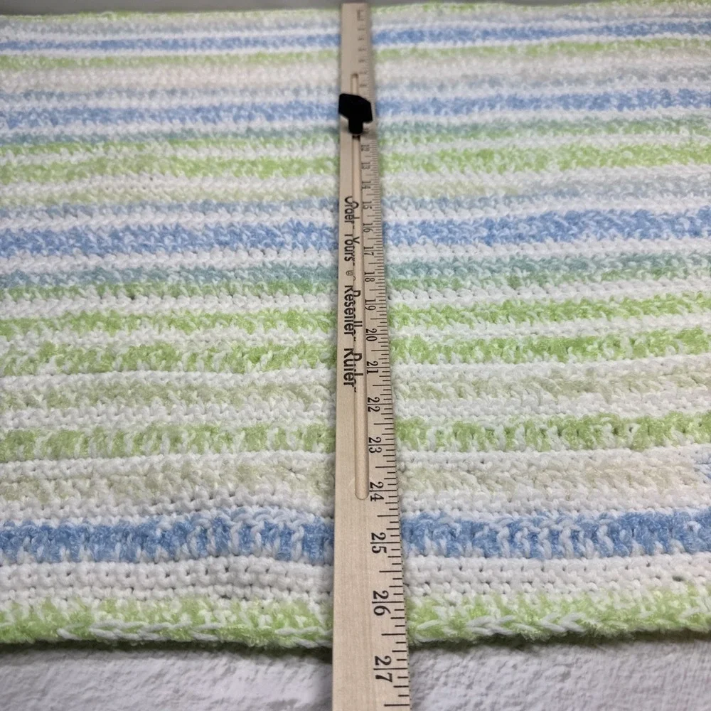 Handmade Crochet Striped Throw Blanket Blue Green White Afghan Cottagecore 47x26